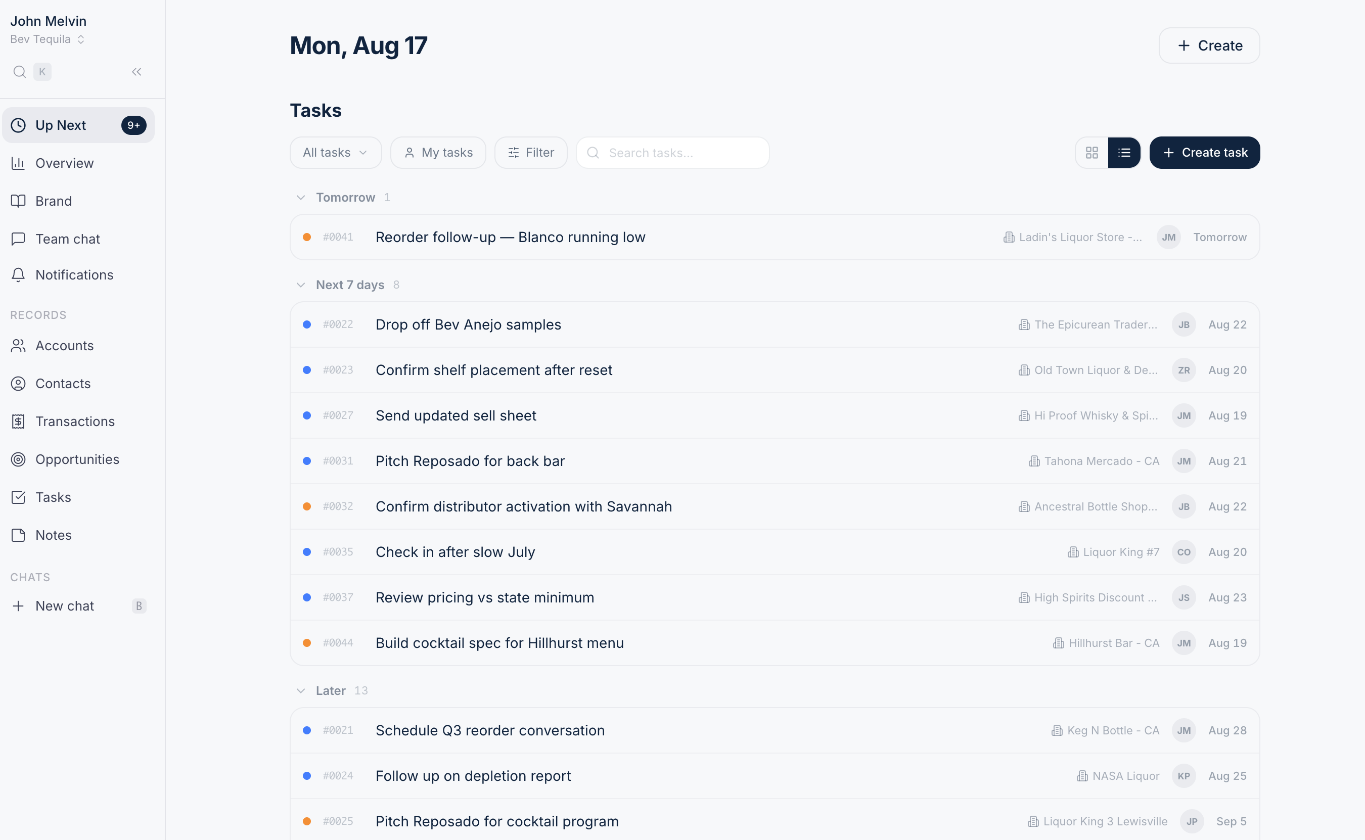 Bevbase command center showing prioritized beverage sales tasks