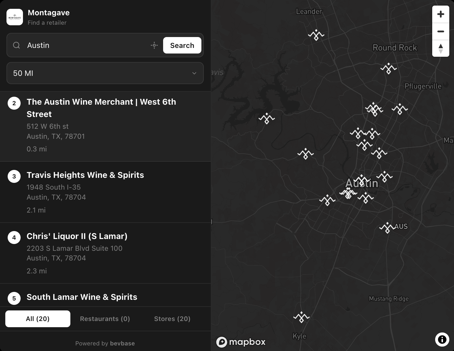 Montagave’s branded store locator showing retailers around Austin beside a dark map with custom brand markers.